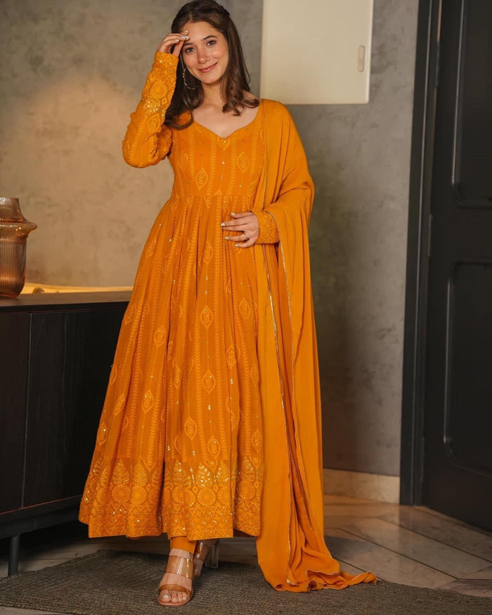Mustard Embroidered Georgette Sequence Work Anarkali Suit Set