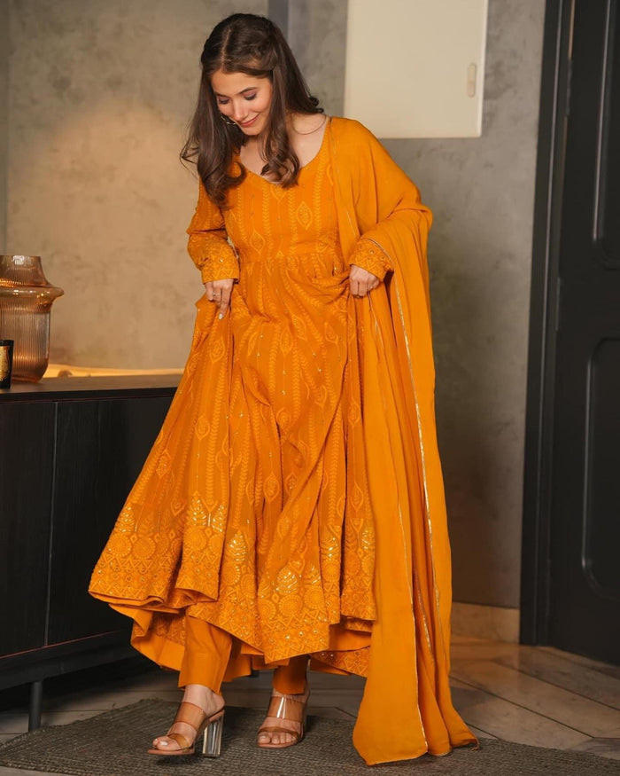Mustard Embroidered Georgette Sequence Work Anarkali Suit Set