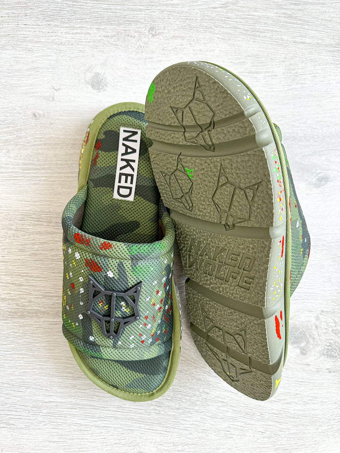 NAKED WOLFE Vegas Logo Embossed Mesh Army Camo Sandals Slide - House Of Huntington