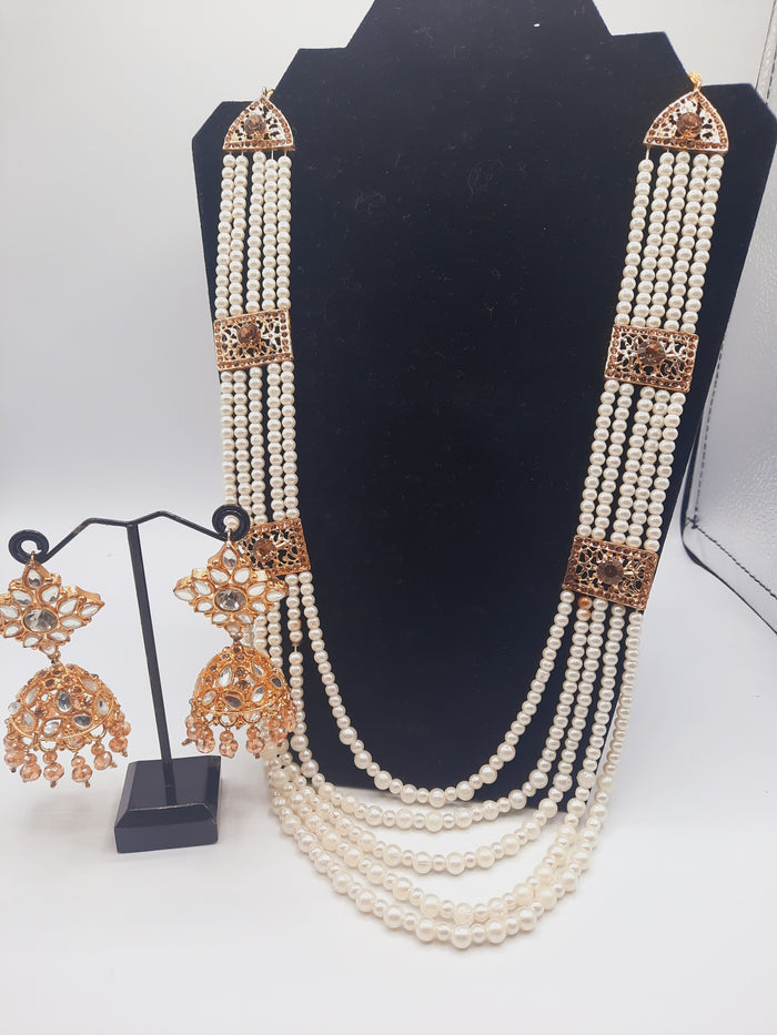 Nauratan style pure white maala with gold plated kundan jhumkas - NATASHAHS