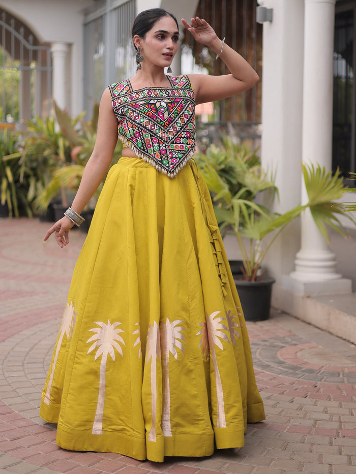 Navratri Wear Coconut Gota Work Mustard Yellow Roman Lehenga Choli