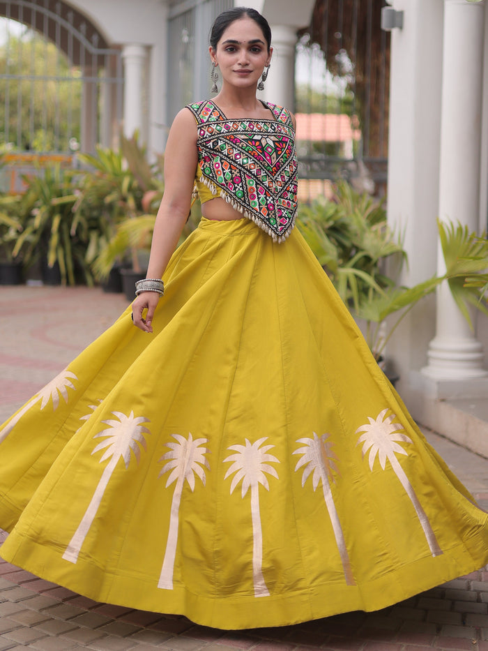 Navratri Wear Coconut Gota Work Mustard Yellow Roman Lehenga Choli