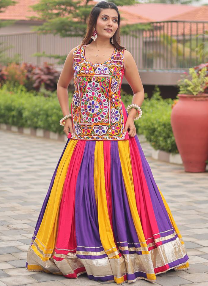 Navratri Wear Multi Color Gamthi Real Mirror Work Cotton Lehenga Choli