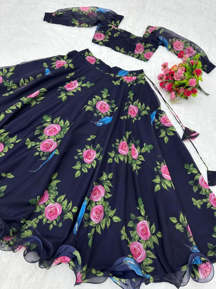 Navy Blue Color Digital Print Organza Lehenga Choli