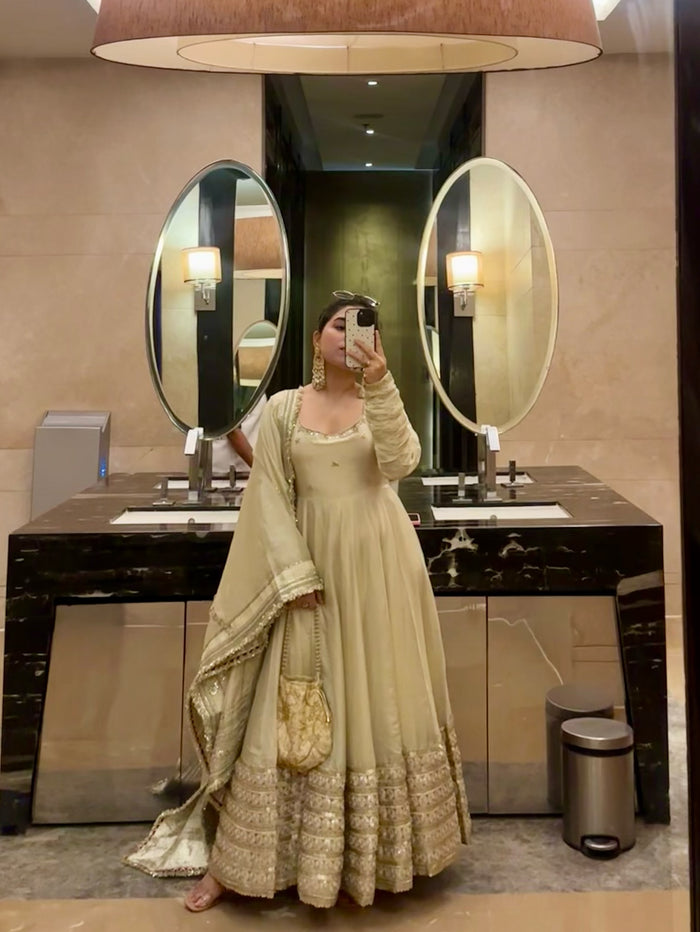 Neha’s Beige Dress Festive Anarkali Suit Set For Wedding & Diwali Outfit