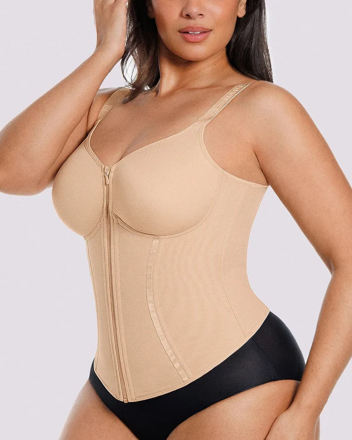 Compression corset top smoothing the waistline from side view