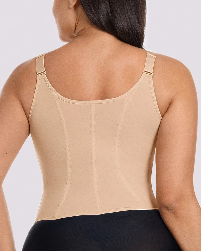 Smooth back design of shaping corset top with supportive fit