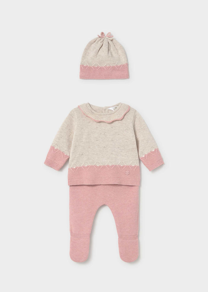 Mayoral newborn girl baby pink cotton knit set with sweater, footie and hat