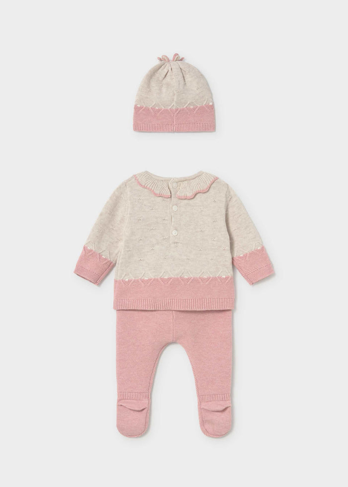 Mayoral newborn girl baby pink cotton knit set with sweater, footie and hat, photo 3
