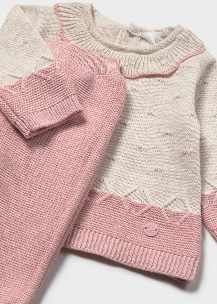 Mayoral newborn girl baby pink cotton knit set with sweater, footie and hat, photo 4