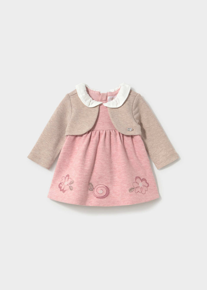 Mayoral baby girl pink dress with beige cardigan and white ruffled collar, front view
