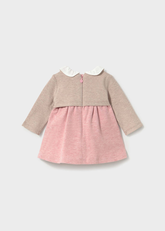 Mayoral baby girl pink dress with beige cardigan, back view with zipper