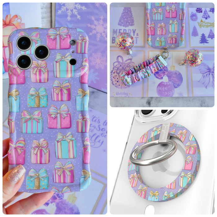 No Peeking, Darling iPhone Matching Set - lavender MagSafe case with pastel pink and aqua gift boxes and gold bows, matching Hold It Fancy grip ring and scrunchie phone wrist strap from Fancy Bands