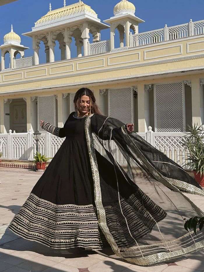 Noorjahan Black Color Embroidered Work Anarkali Suit Set