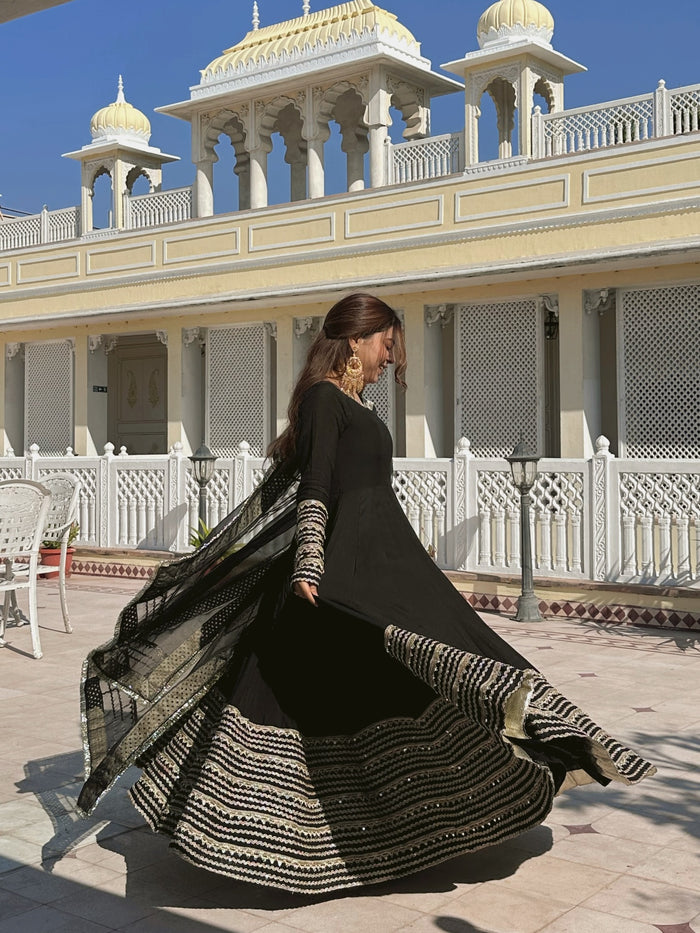 Noorjahan Black Color Embroidered Work Anarkali Suit Set