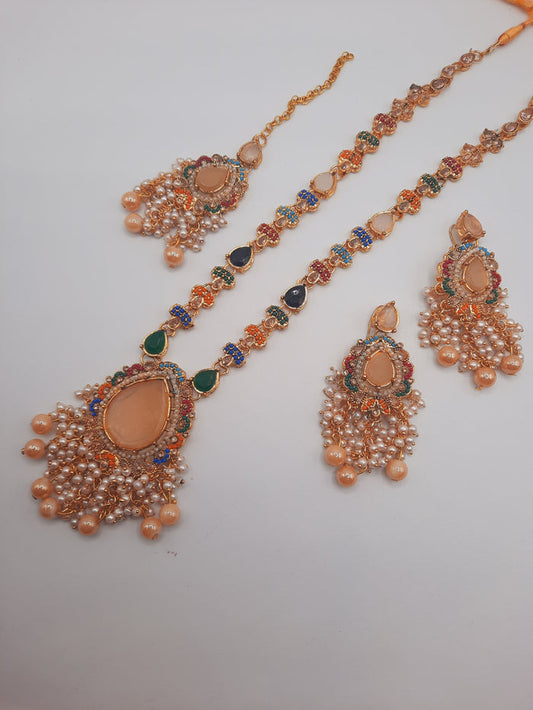 Noratan Kundan maala set with earrings and teeka for modern brides - NATASHAHS