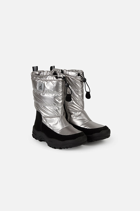 Deux par Deux silver quilted tall winter boots for kids, pair, side angle