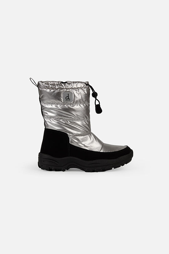 Deux par Deux silver quilted tall winter boots for kids, single boot, side view