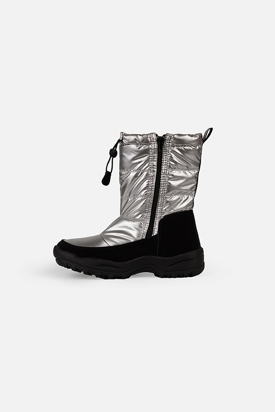 Deux par Deux silver quilted tall winter boots for kids, single boot, opposite side view