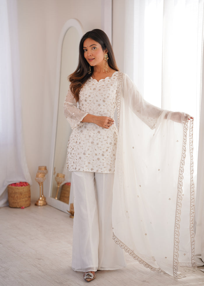 Off-White Color Crunchy Silk Embroidered Plazzo Suit