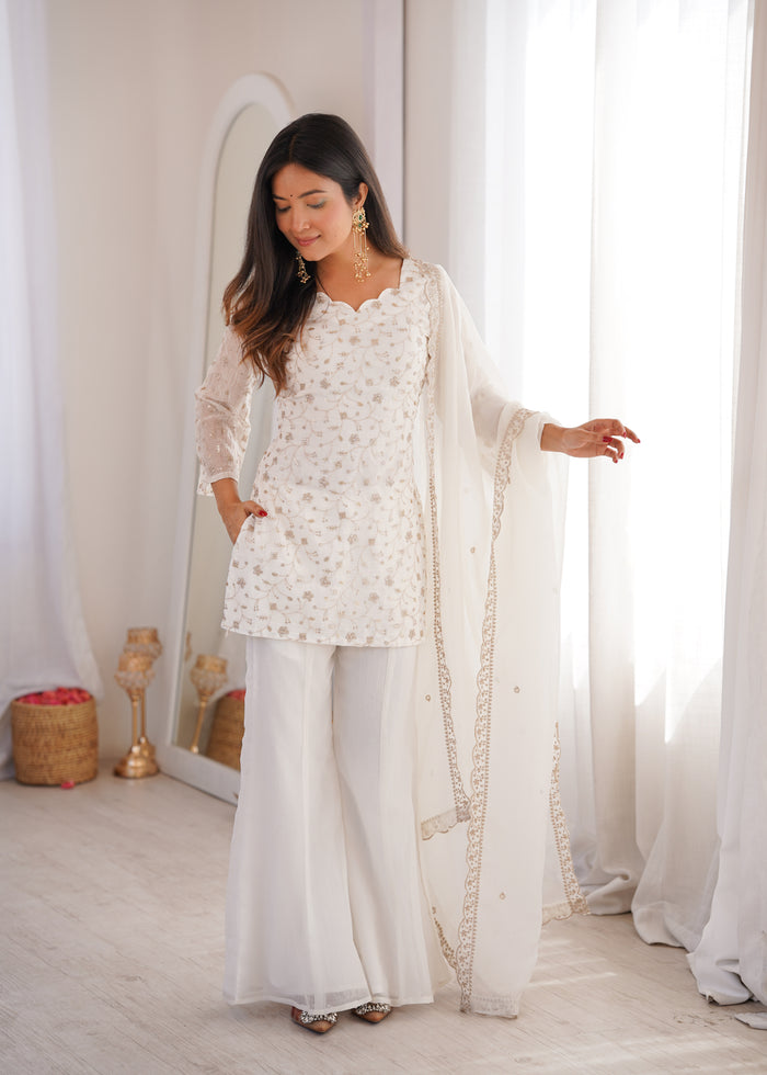Off-White Color Crunchy Silk Embroidered Plazzo Suit
