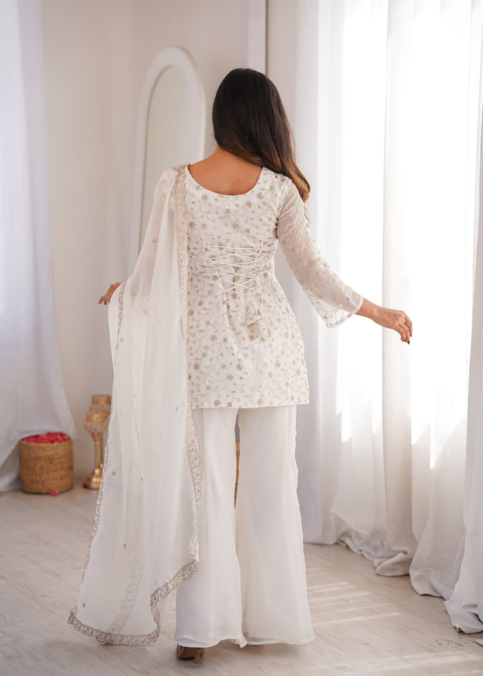 Off-White Color Crunchy Silk Embroidered Plazzo Suit