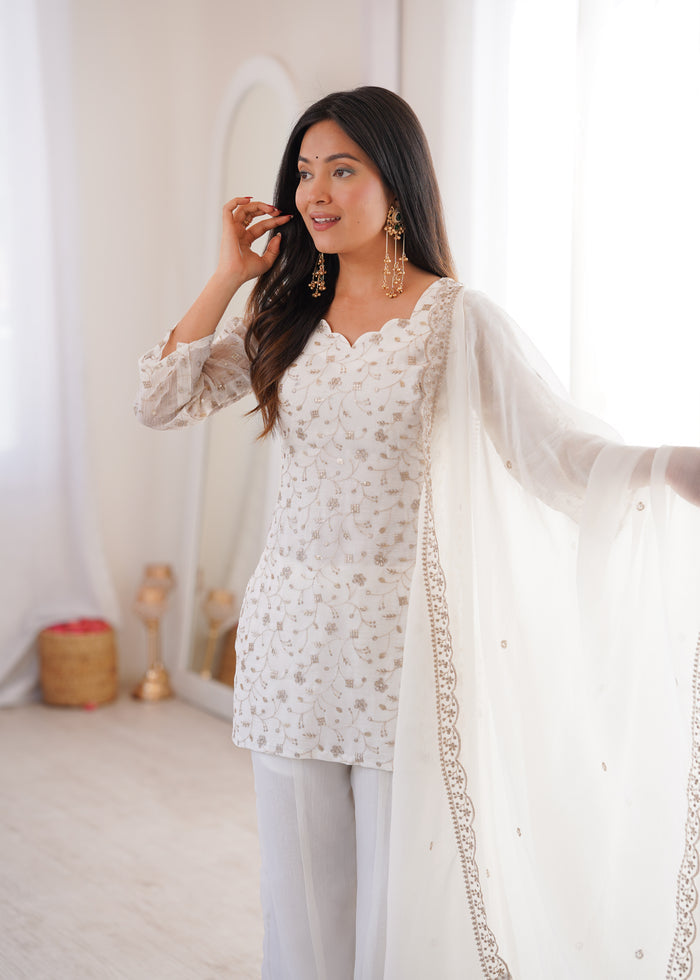Off-White Color Crunchy Silk Embroidered Plazzo Suit