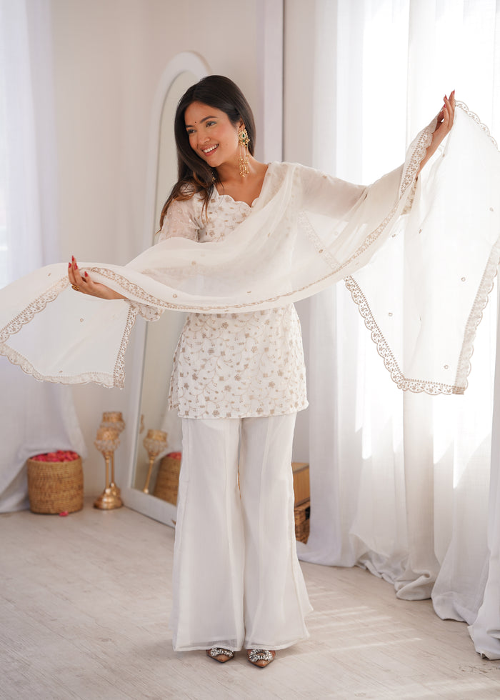 Off-White Color Crunchy Silk Embroidered Plazzo Suit