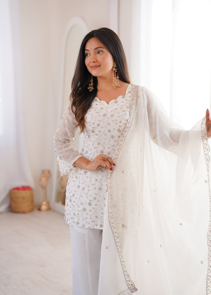 Off-White Color Crunchy Silk Embroidered Plazzo Suit
