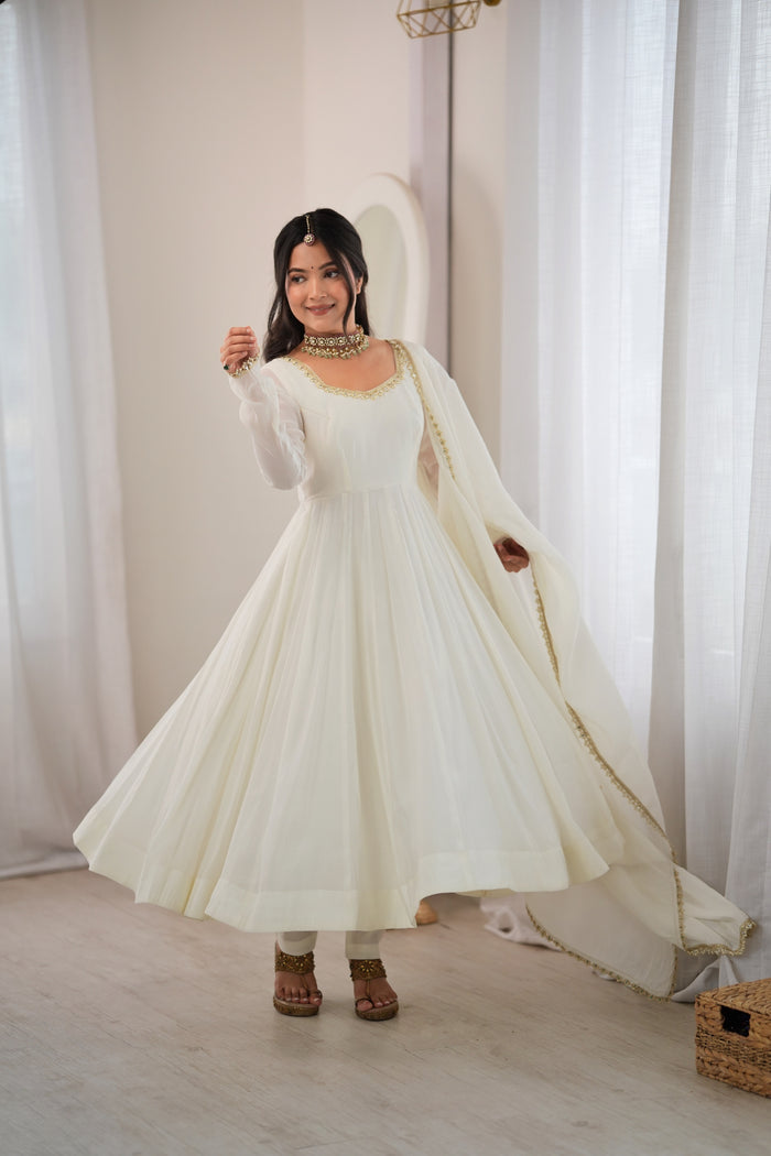 Off White Color Pure Mal CHanderi Three Piece Anarkali Suit