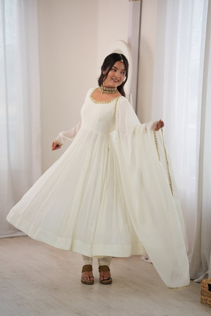 Off White Color Pure Mal CHanderi Three Piece Anarkali Suit
