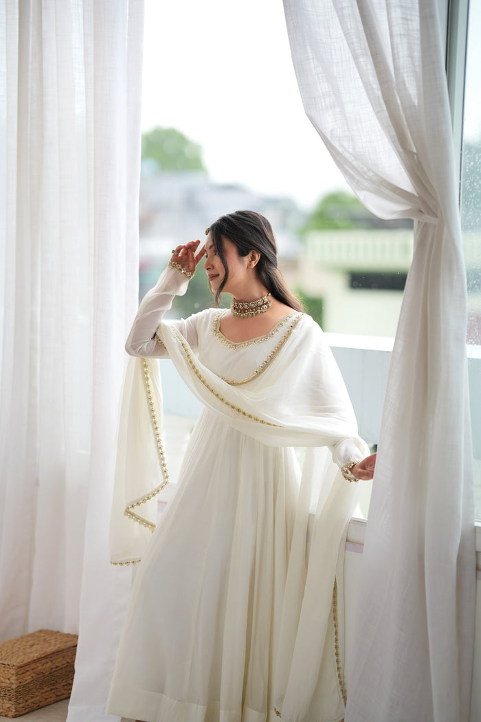 Off White Color Pure Mal CHanderi Three Piece Anarkali Suit