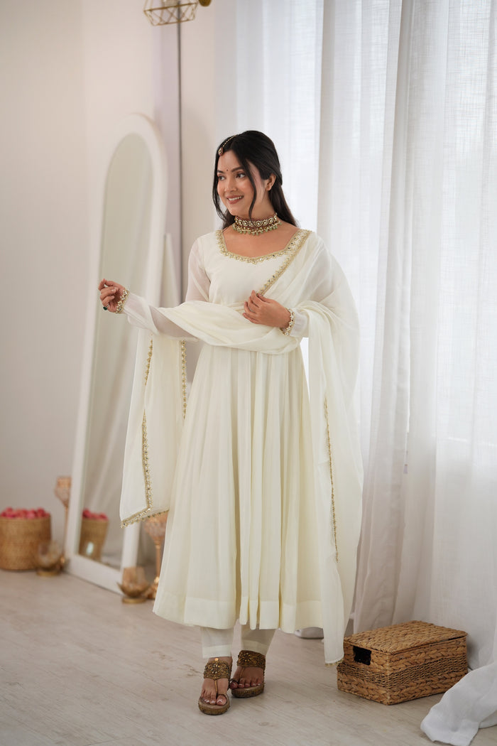 Off White Color Pure Mal CHanderi Three Piece Anarkali Suit