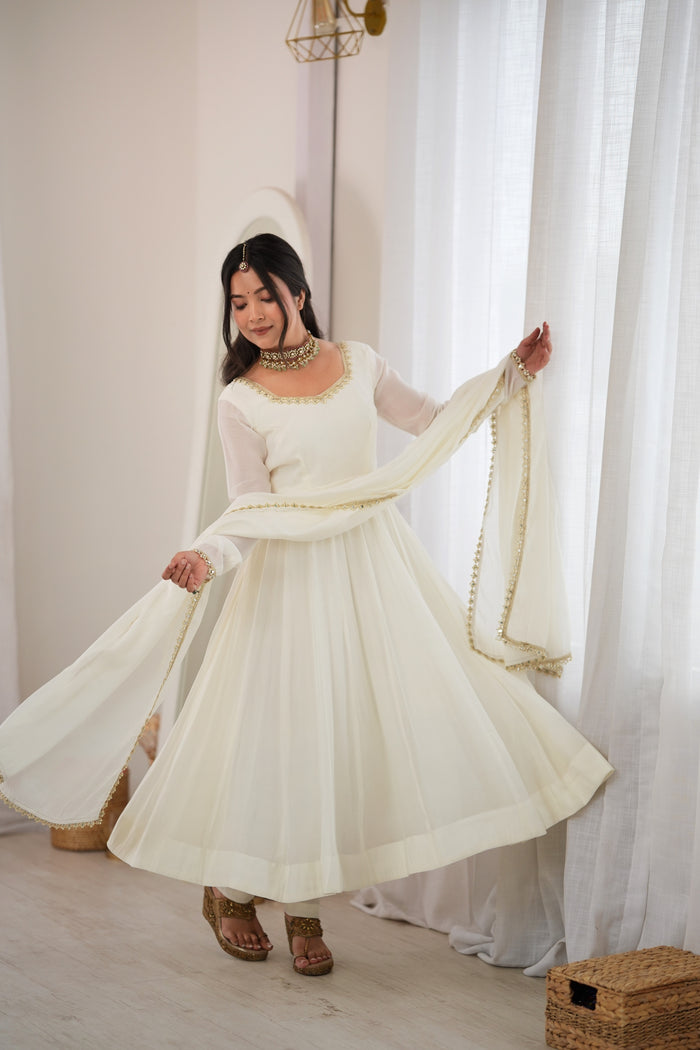 Off White Color Pure Mal CHanderi Three Piece Anarkali Suit