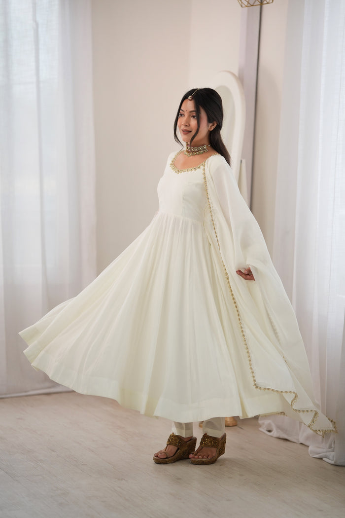 Off White Color Pure Mal CHanderi Three Piece Anarkali Suit