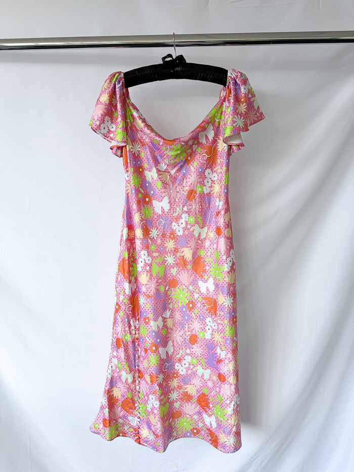 OLIVIA RUBIN Pink Satin Floral Polka Dot Amelia Midi Dress