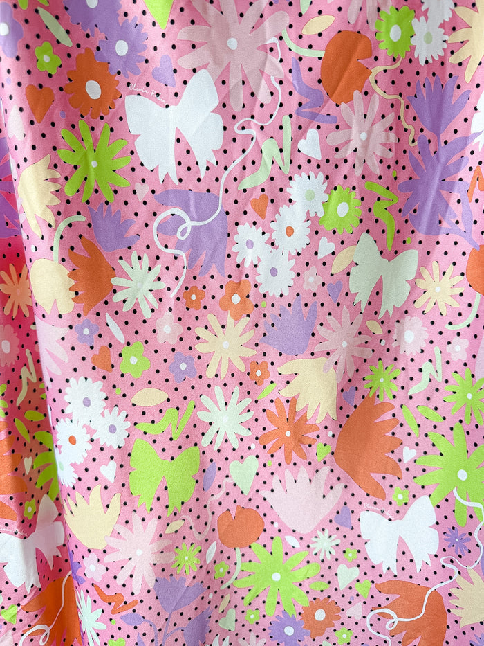 OLIVIA RUBIN Pink Satin Floral Polka Dot Amelia Midi Dress