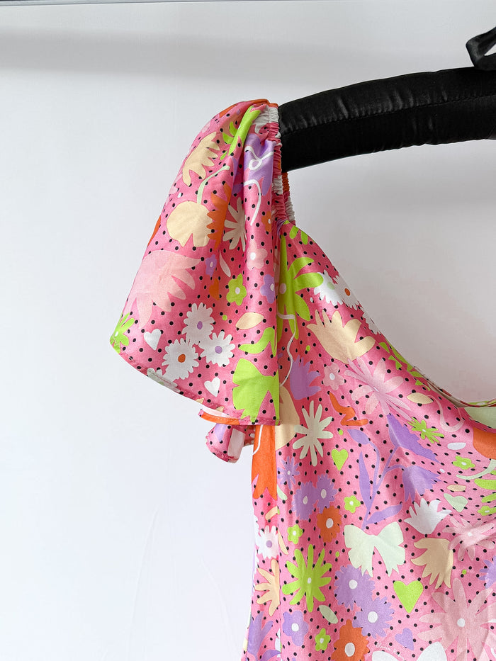 OLIVIA RUBIN Pink Satin Floral Polka Dot Amelia Midi Dress