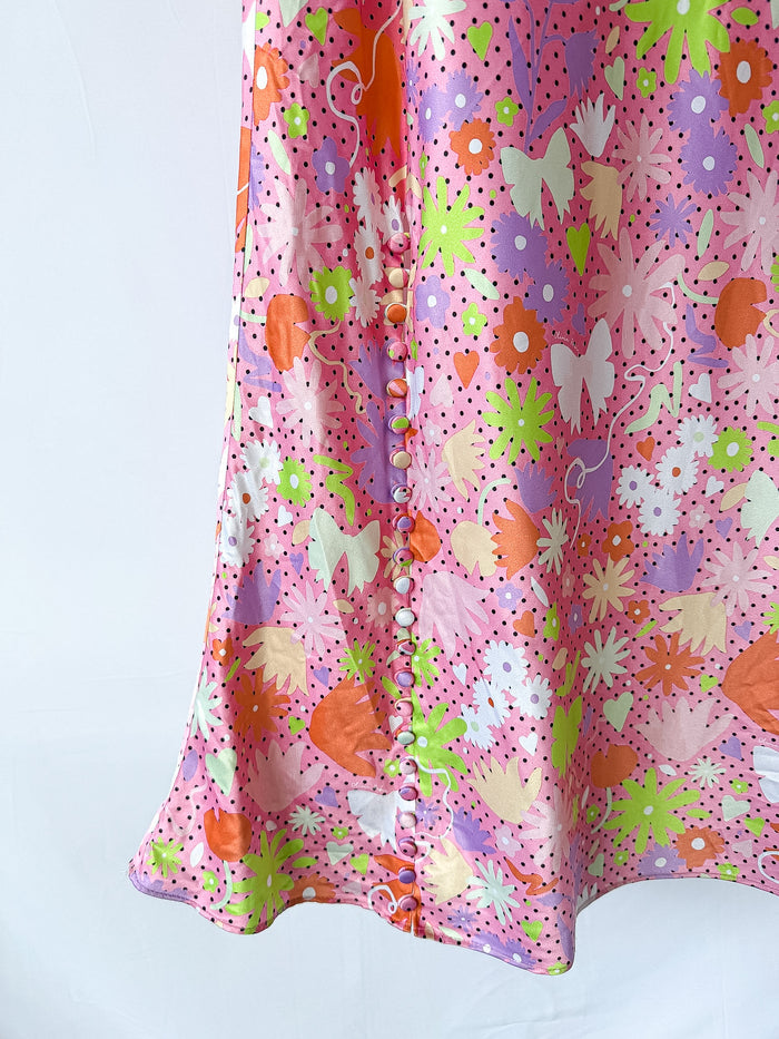 OLIVIA RUBIN Pink Satin Floral Polka Dot Amelia Midi Dress