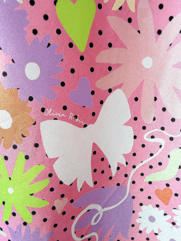 OLIVIA RUBIN Pink Satin Floral Polka Dot Amelia Midi Dress