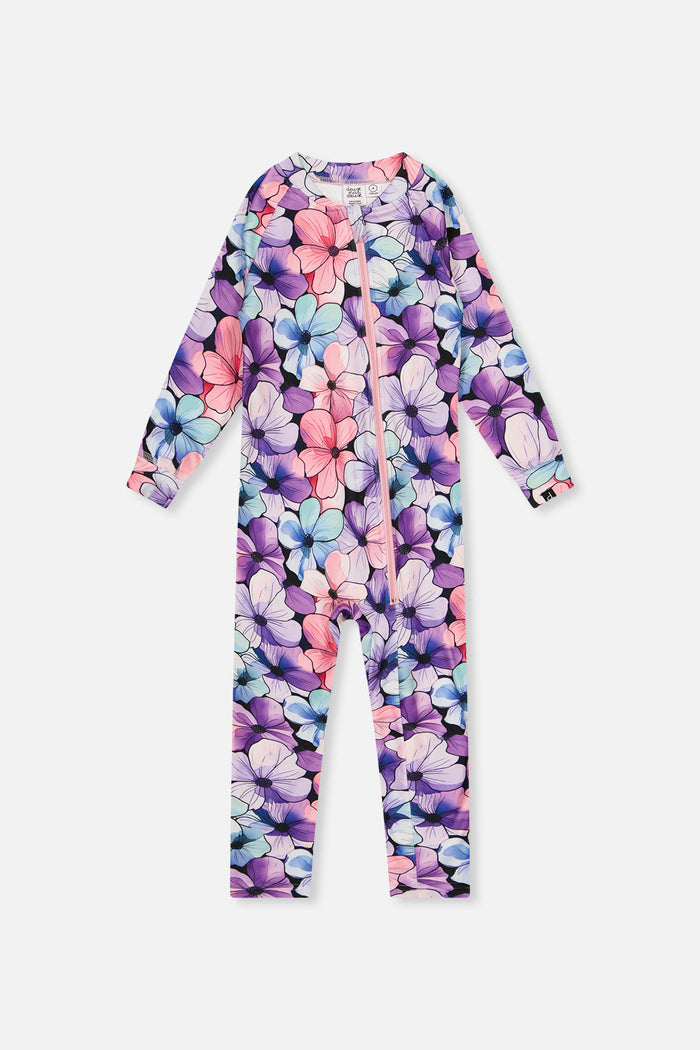 Deux par Deux girls' one piece thermal underwear in purple floral print, front view