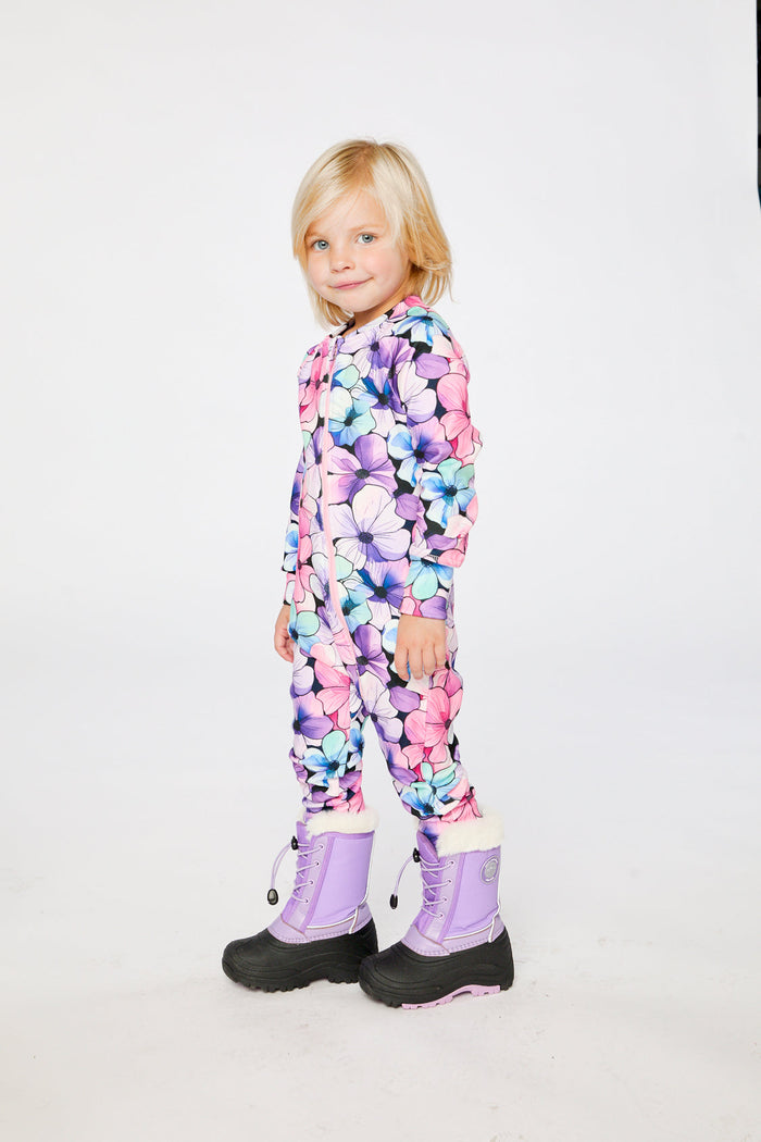 Child wearing the purple floral print one piece thermal underwear, view 3
