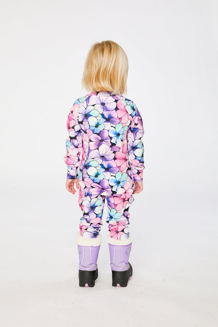 Child wearing the purple floral print one piece thermal underwear, view 4