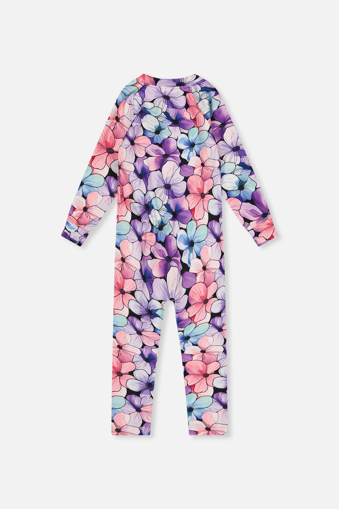 Deux par Deux girls' one piece thermal underwear in purple floral print, back view