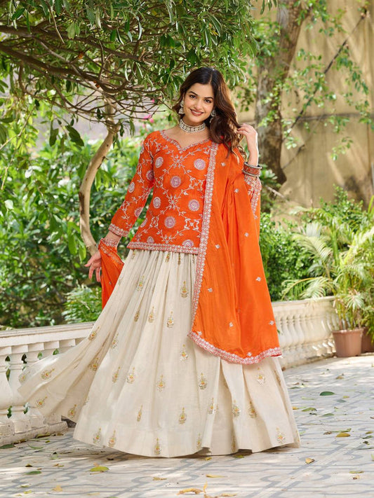 Orange Color Wedding Wear Zari Sequins Embroidery Work Lehenga Choli