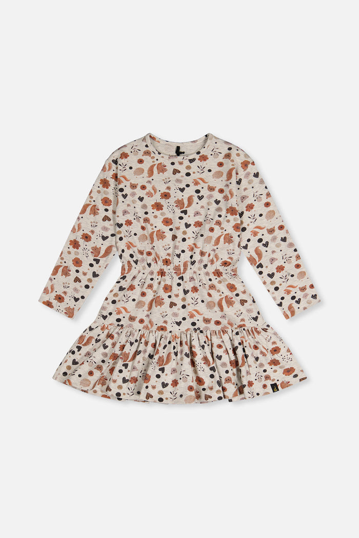 Deux par Deux girls organic cotton dress, beige squirrel print, front view