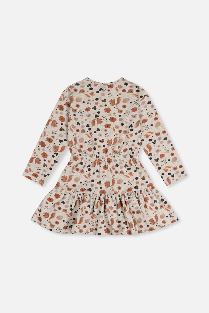 Deux par Deux girls organic cotton dress, beige squirrel print, back view