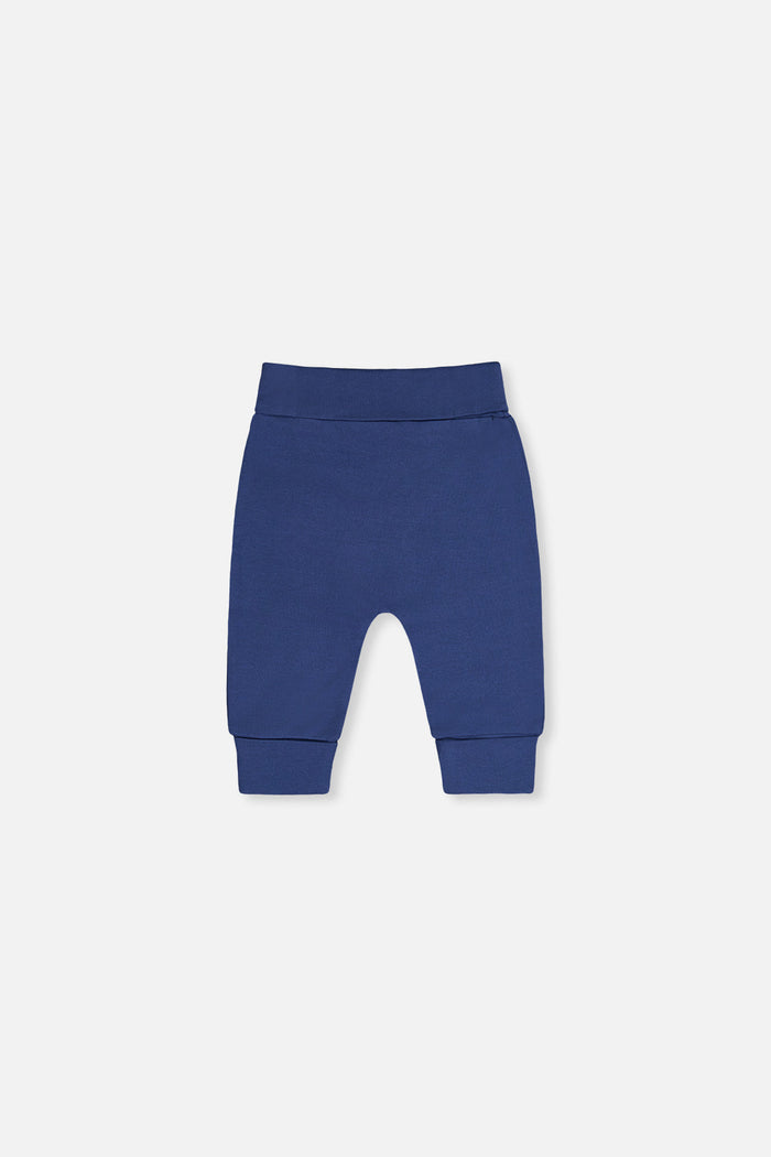 Deux par Deux baby evolutive pants, blue with cloud details, back view