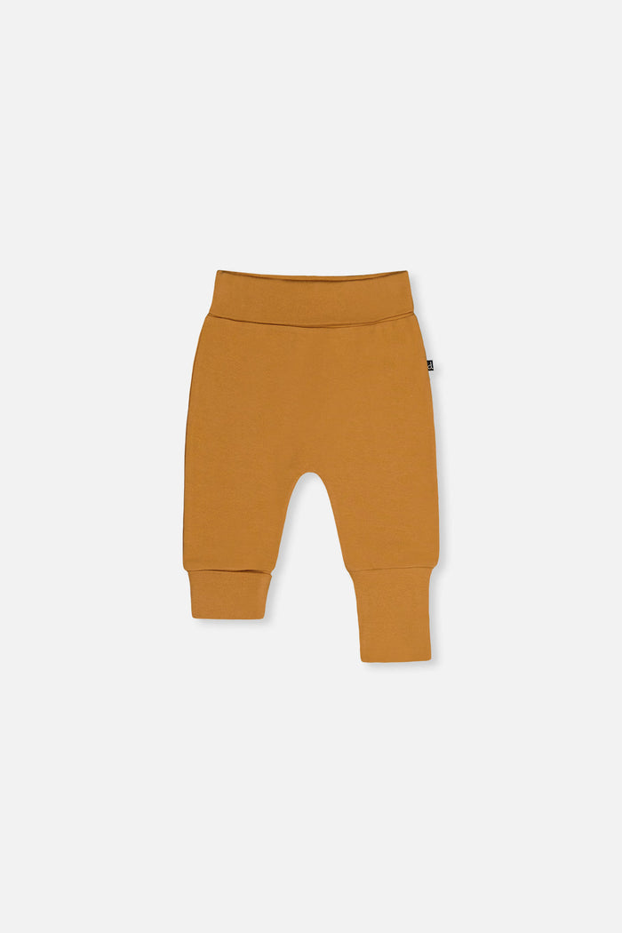 Deux par Deux baby boys evolutive pants, solid brown cinnamon, front view