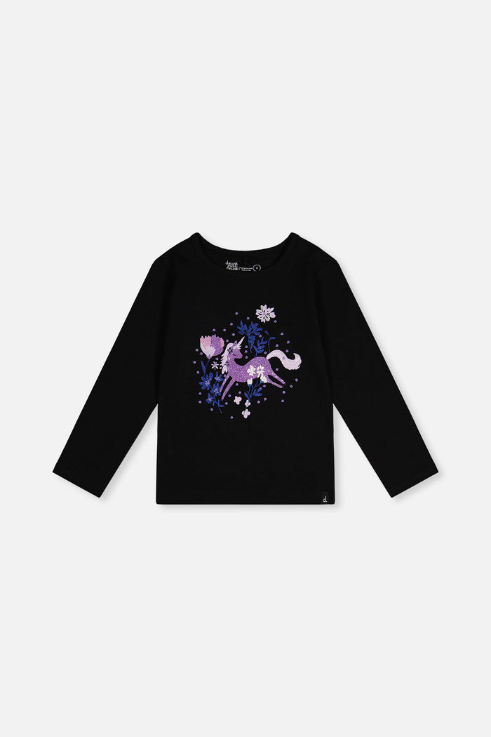 Deux par Deux girls black and mauve long sleeve tee with glitter unicorn, front view